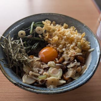 景色を見るのは諦めて、早めの昼食。
今回は、冷たいおそば。
月見そばに天かすを追加！