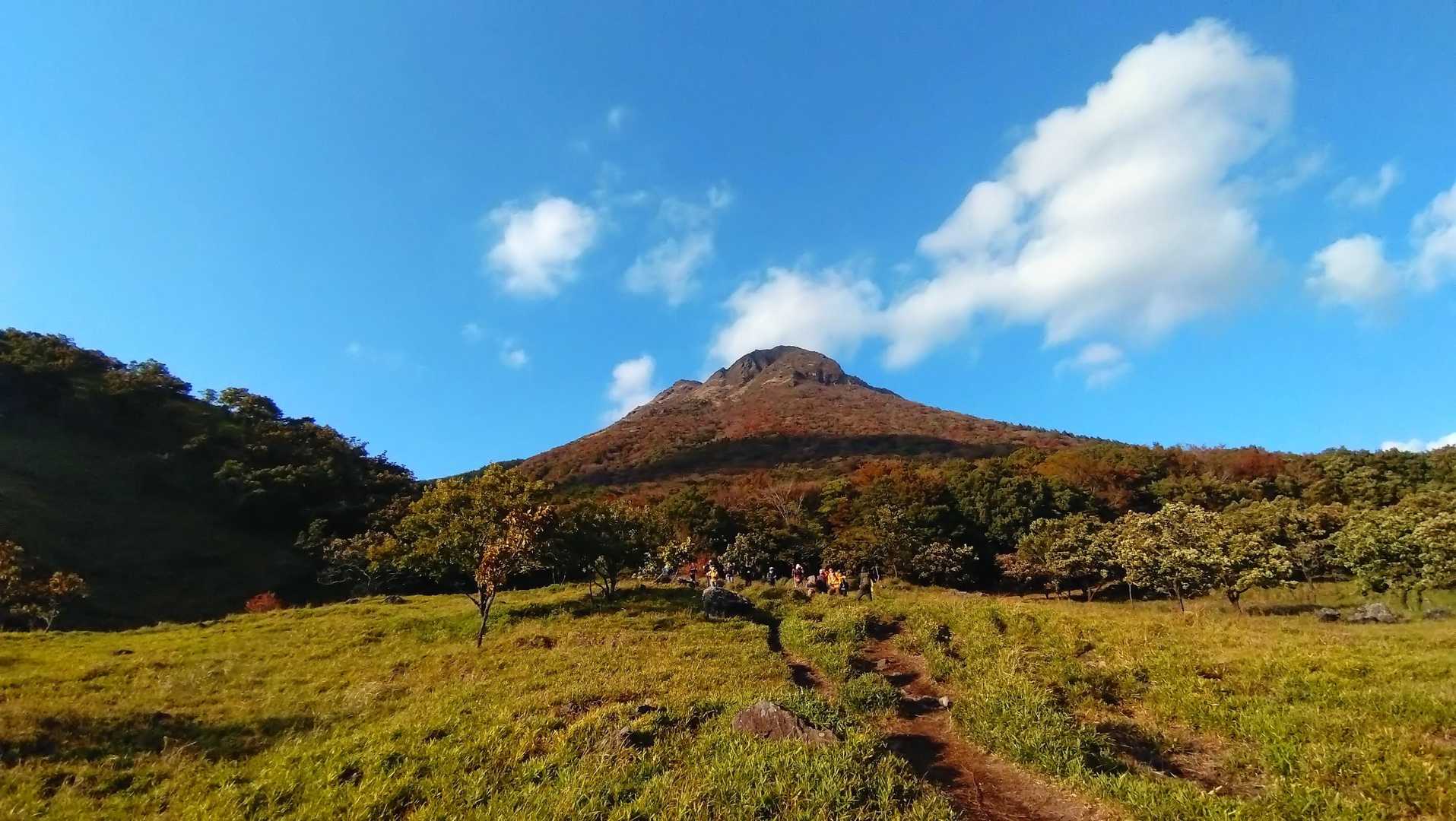 振り返ると光をあびた由布岳がすごい！
豊後富士のいわれある山容