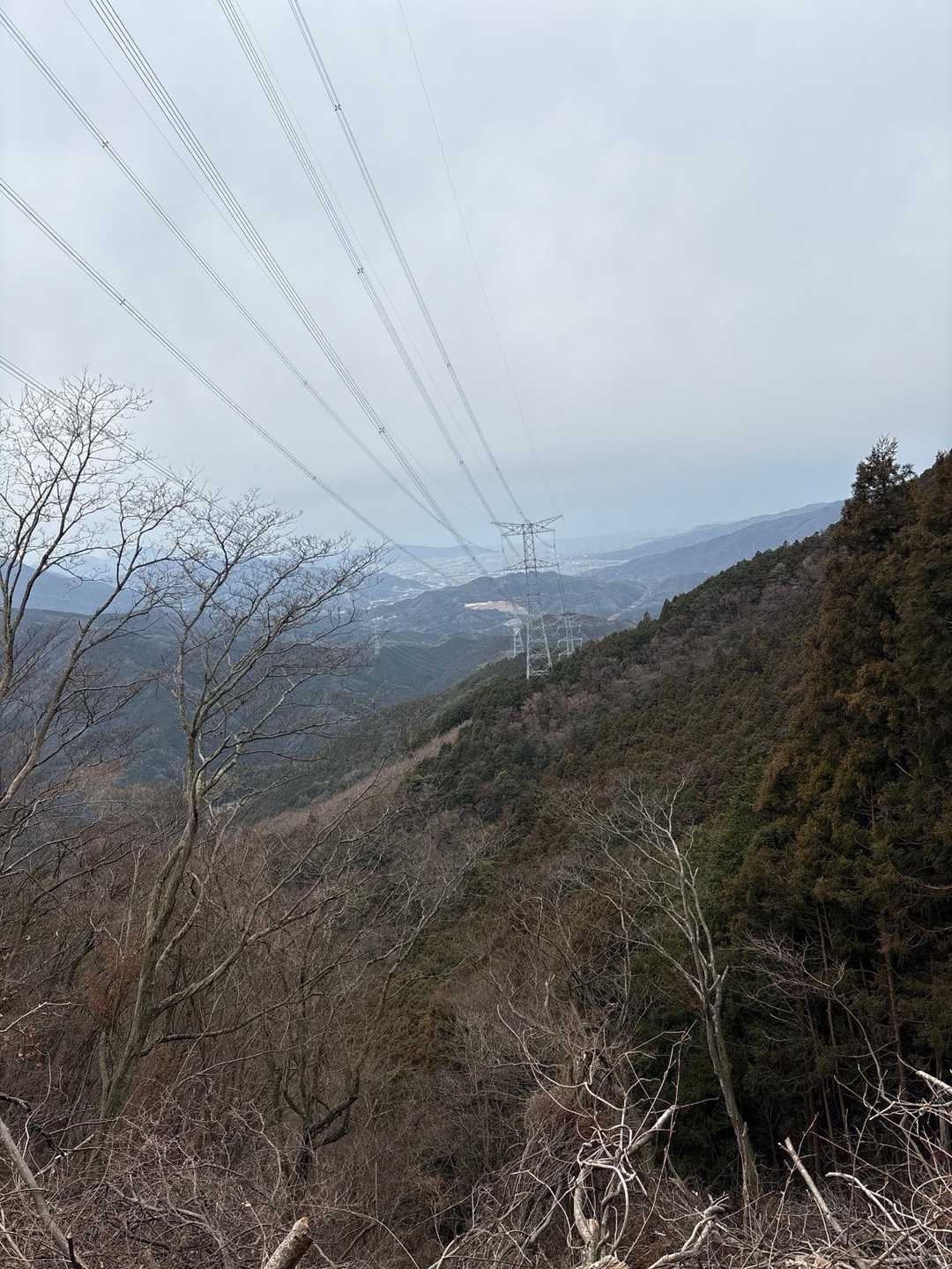 目標にしている鉄塔が近づいてきました。海が見えます。曇り空なので写真だと見づらい。