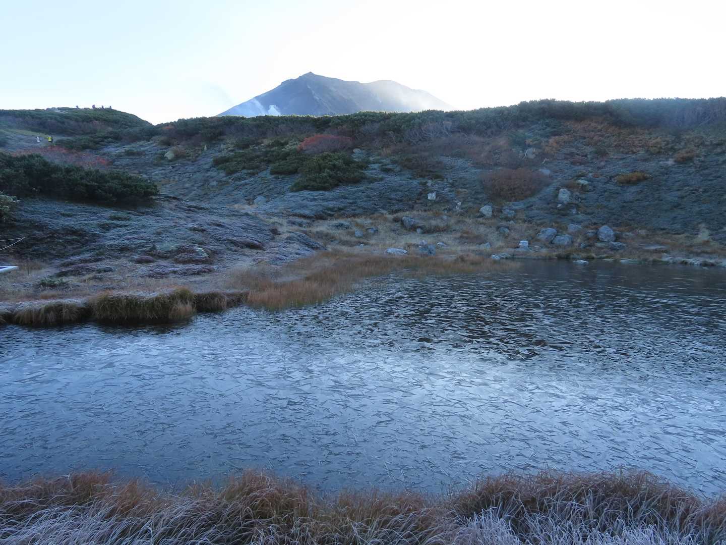 姿見の池の表面が凍ってます
