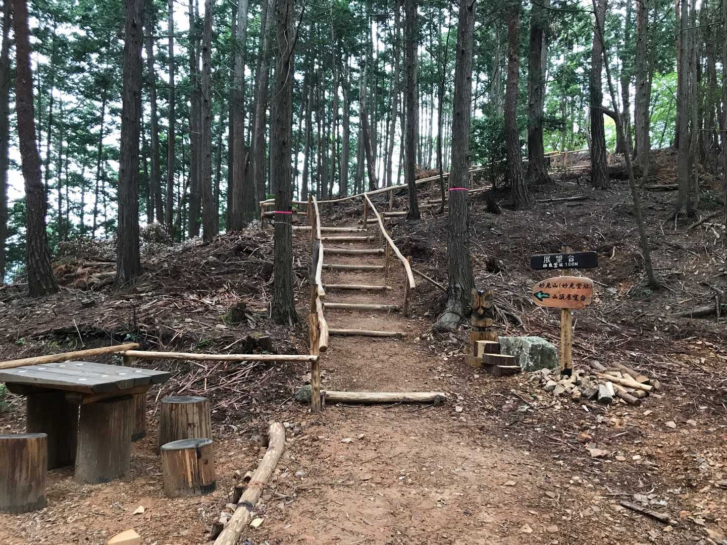 テーブルや階段、案内板があります😊