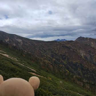 遠くの稜線にピザ屋さん（種池山荘）が見えます
