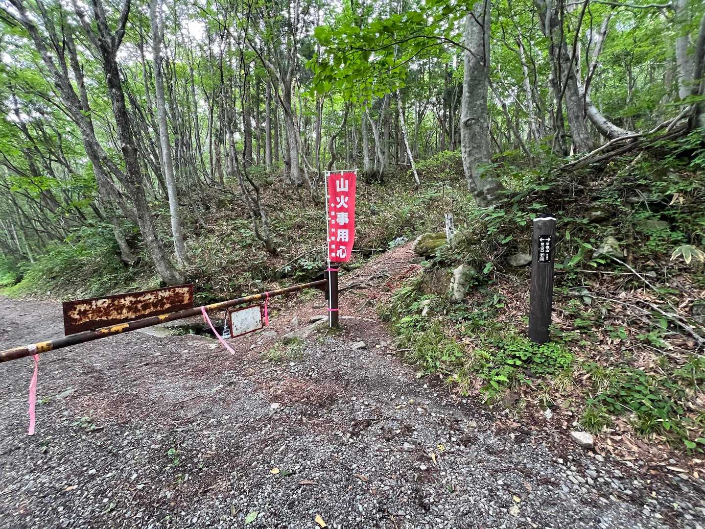 車止めのある分岐。下山口は直進。右は、平標山へのバリルートらしい。