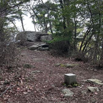 三角点から山頂の岩を臨む。
岩場は腰をかけるのにちょうど良いのだが…