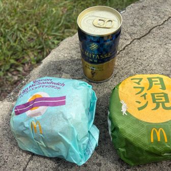 山頂で山飯　マックの月見マフィン＆ベーコンエッグマックサンド　各目玉焼きが付いているのでタンパク質多め🤗　しかし…オーバーカロリー😰