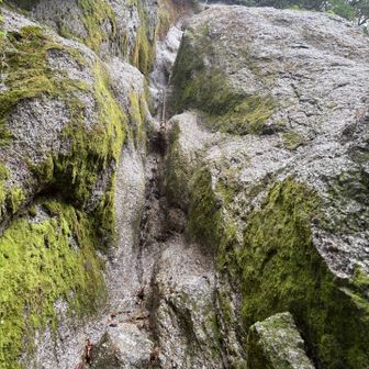 苔むした岩の割れ目を、鎖を使ってよじ登ります