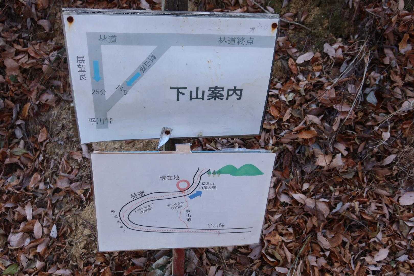 下山案内だって。
何なに、林道の方「展望良し」って書いてあるよ。
帰りは林道を通ってみようか😃