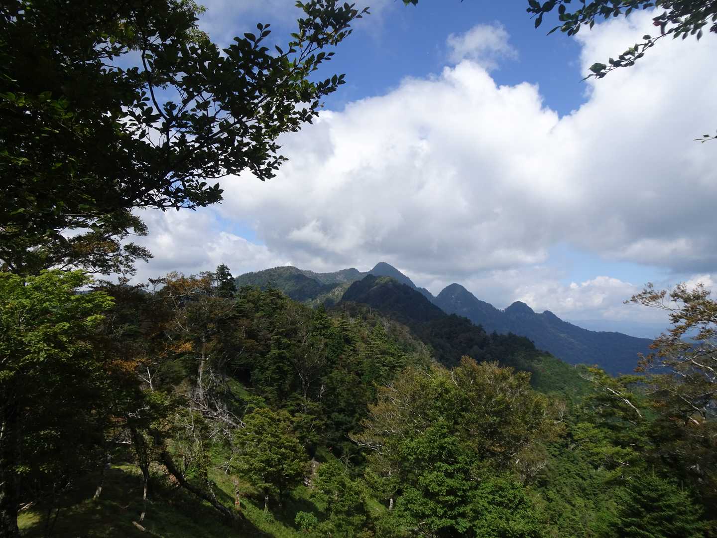 行者還岳から七曜岳その奥の大普賢へ続く稜線を眺めながら今日はここまででピストンします。