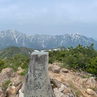 一瞬ガス切れた！🤩
駒さん・中ノさん、実は八海山もちょびっと写ってる🥳✨

雪渓がまだかなりある、チェンスパを持ってないから周回は勿論無理。

兎さん行ってる間に雨が降ったら前グラ滑って下りれない、荒沢岳ピストンを決めて直ぐ下山🤔