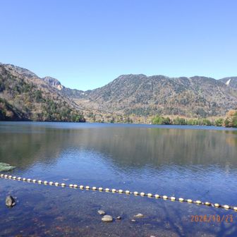 湯の湖到着。当初予定してなかったけど、紅葉良い感じだったので湖一周の旅決行