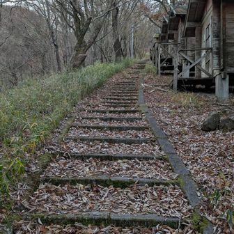 右手に朽ちたバンガロー