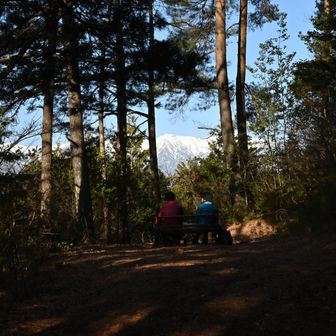 登山道のベンチで素敵な女性が絶景を眺めておられました。
