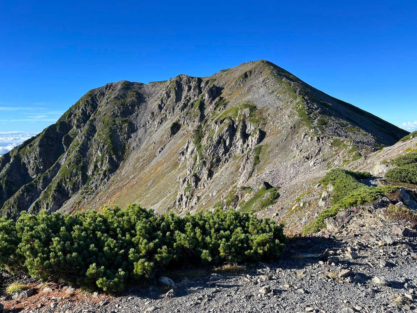 赤石岳のどっしりとした山容　
稜線の分岐より