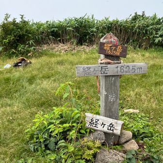 経ヶ岳に登頂デス
頂上からは白山や荒島岳等の福井の山々を一望出来るハズですが、見事なくらいのガスっぷり。
先に登られていた方と談笑したり、食事をとりながら、ガスの抜けるのを一人になるまで粘って待ちましたが、
甲斐なく下山デス・・・カナシイ