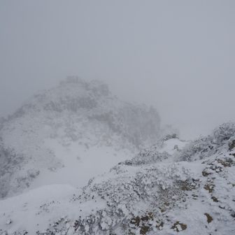 稜線に出る頃には雲の中、爆風で一歩進むたびにバランスを失う。
このまま稜線を歩いて安達太良山目指すのは危なそう。