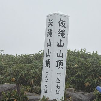 登頂〜〜🙌
冬しか来たことがなかったので、山頂標識の全容を初めて見た❗️こんなに大きいんだね🤭

休憩して周回コースへ
雨がまた強まる☔