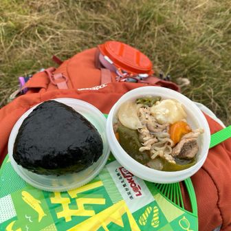 ここでお昼を。
🍙はなずなの塩で塩むすび。
あとは肉じゃが。簡単に！😁