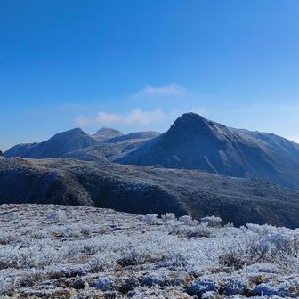扇ヶ鼻頂上直下からの
久住山、天狗ヶ城、中岳🏔️