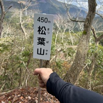 やっとのことで掛川アルプスの終点の松葉山に到着⛰️
山頂標識をつかむ
向こうに見えるのはこの後行く予定の八重鐘山

遠い🥲
