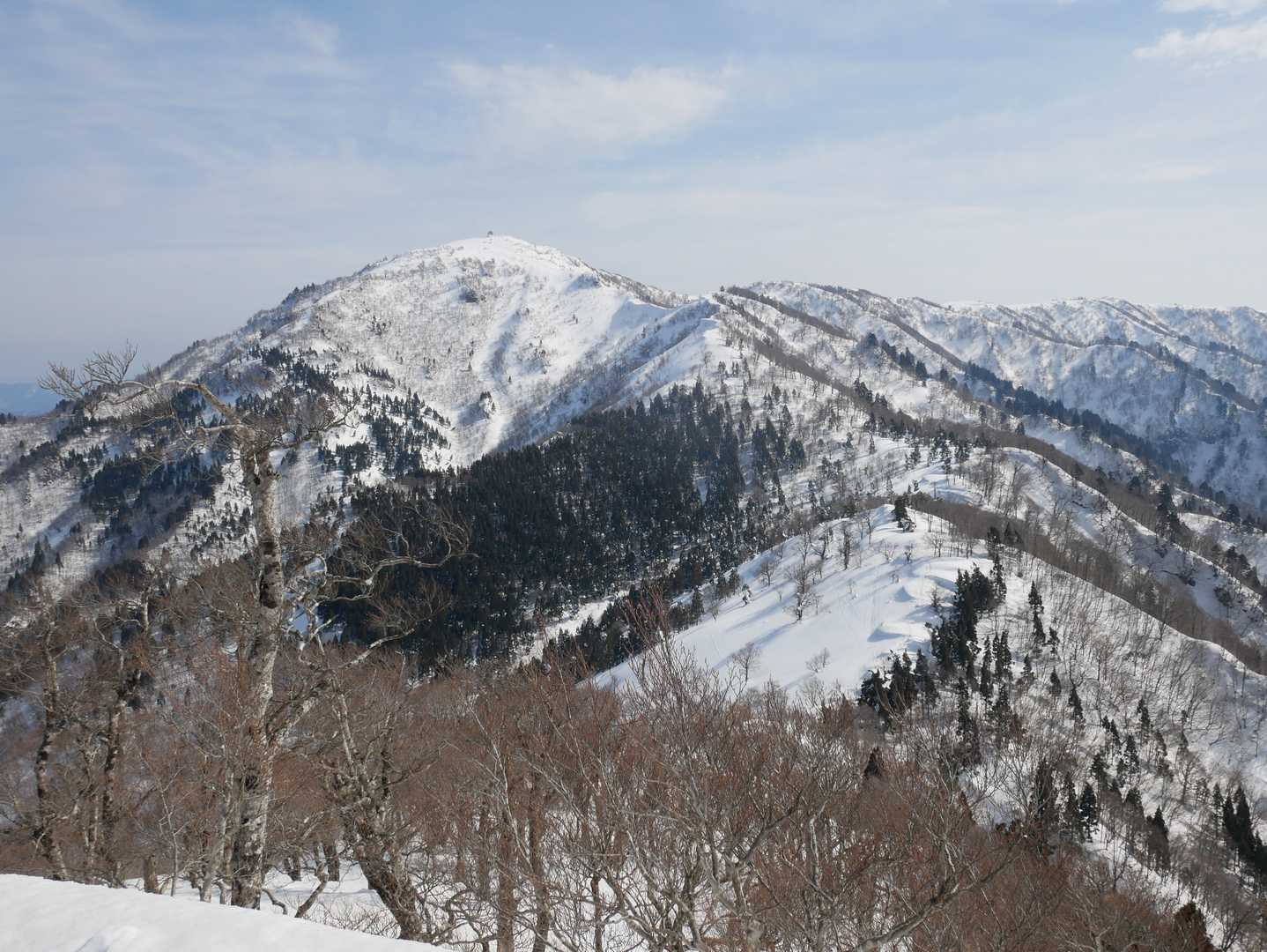 赤倉山山頂　前方頂上が氷ノ山（須賀ノ山）山頂、手前の鞍部に氷ノ山越避難小屋