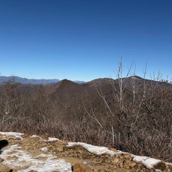 北側には大菩薩嶺まで連なる小金沢連嶺の山々。近くの△の山は大谷ヶ丸、ハマイバ丸、大蔵高丸と続いて、開けた展望地が白っぽく見える白谷ノ丸、奥に黒っぽい黒岳