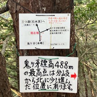 山頂直下に注意書き⚠️
危険ルートから来たようです。確かに危なっかしいルートでした😅

下山後に調べると、登山口に『通行止』の注意書きがあるのに気づき反省です😨