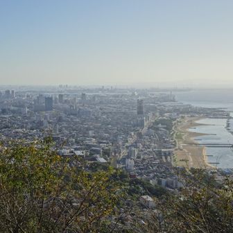 東には、須磨浦海浜公園の海水浴場。藤原紀香さんが親和女子高校、大学時代に夏になると遊びに来たビーチ👙🏖️私にはお目にかかれた記憶はありません。
　遠くに大阪のビル群、葛城山、金剛山、和泉山脈も見えました。