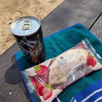 私も休憩しまーす
今日は山装備を何も持ってなくて　おやつ(イチゴバーム)と缶コーヒーで☕️