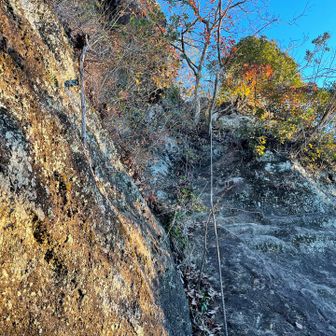 トビ岩山から物見塚山方面の尾根に降りるロープ。急傾斜。
前回来たときには分からず通り過ぎたところ。