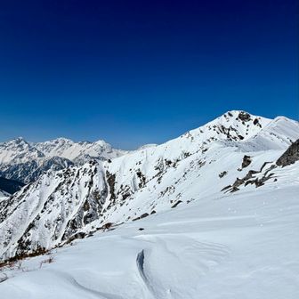 前ページの岡を上がりきりまして、やっと右手に常念岳が見えてきました。