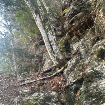 ロープのある、急な斜面の登り