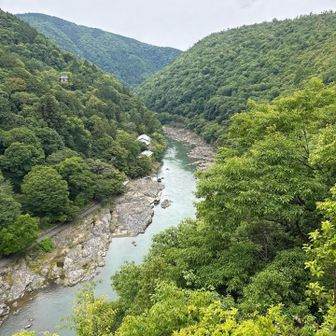 亀山公園の展望所からは保津川下りの船が見えます