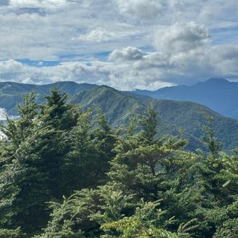 今日歩いた社山までの山並み　半月山展望台より