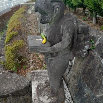 河童の二宮金次郎くん　キュウリの色が変わってしまったね😅