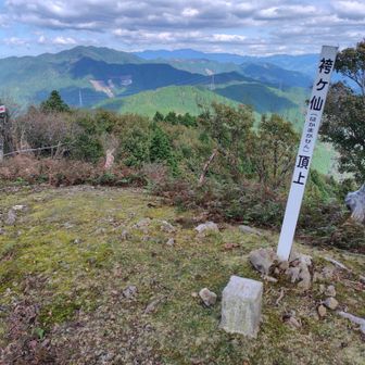 袴ヶ仙山頂（三等三角点・930.2m）
左奥に歩いて来た大倉山が見える。
正面奥に沖ノ山