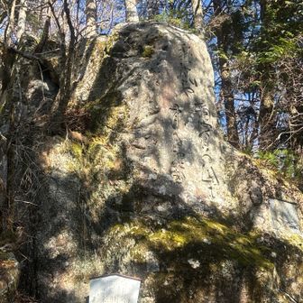 山頂直下を左に下りると、程なくして立派な俳句が彫られ巨石があります。この先は行けないので、山頂まで戻って右のやせ尾根を下るのが正解です👍