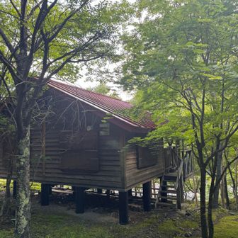 レポではお約束のログハウス
テーブル代わりの平らな岩などあり、キャンプにも適地、と言いたいところだけど…(後述)