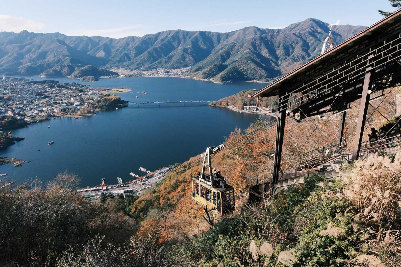 河口湖とロープウェイ。