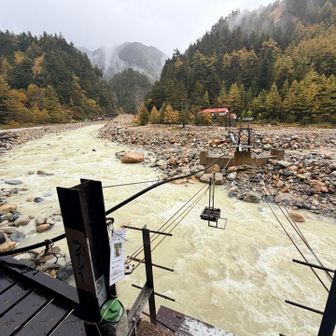 雨ですので川は濁流