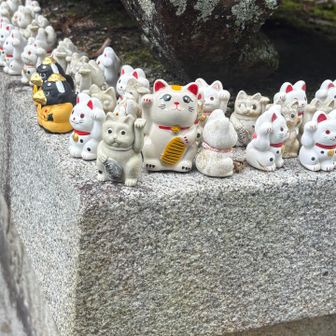 境内の灯籠台には多数の招き猫と少しの天狗