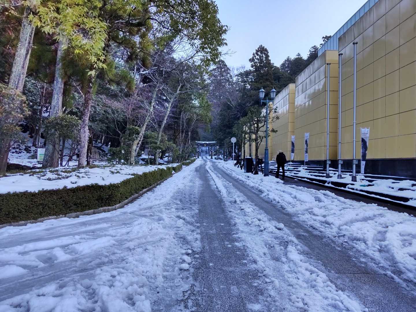 樗谿公園 (おおちだにこうえん)の無料駐車場利用
黄色の建物は鳥取市歴史博物館 やまびこ館
路面の雪はガチガチに凍っていた