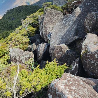 破線ルートの岩場。楽しいが大きく深い隙間？もいっぱいなので注意深くルートを選ぶ。