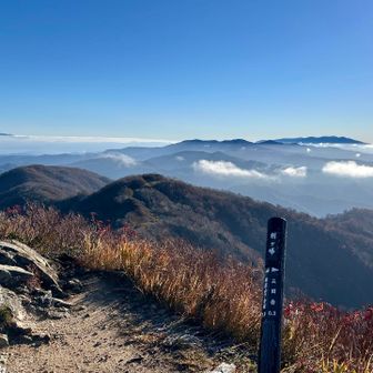 剣ヶ峰。左遠くに蔵王山、右手に吾妻山