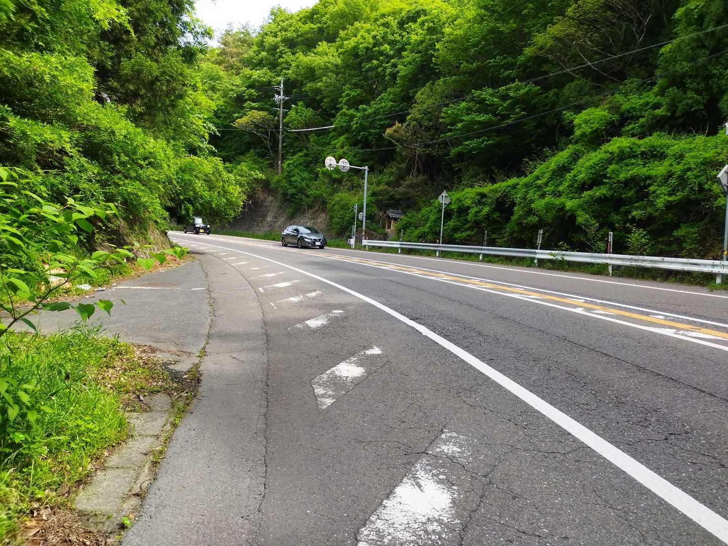 この道は見通しが悪く、幅も広いため、車がスピードを出して急に現れるので、横断には注意が必要。
このル−トで最も危険な場所