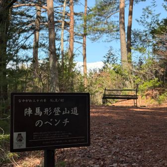 登り始めて直ぐに　ベンチの向こうに中央アルプス　晴れてます☀️