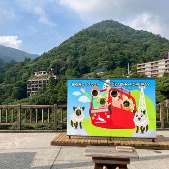カモシカにも顔ハメできる、5人対応の顔ハメ。後ろには廃墟となったホテル跡が見えます。