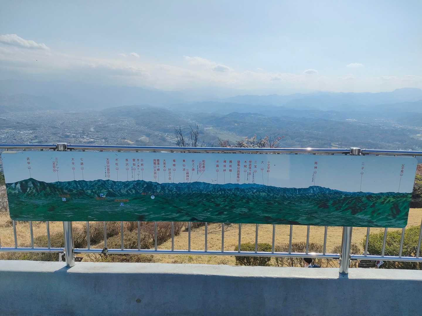 展望台へ上がりました。
桜よりこの表示板の方が大好物✌
　霞んでいて、先週登った雲取山は肉眼なら薄っすらわかるぐらい。和名倉山や甲武信岳もかろうじて見えました。両神山は近いから独特のシルエットが浮かび上がっていました✌