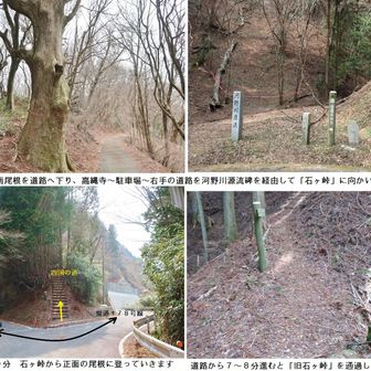 石ヶ峠から四国の道

高縄山南尾根を下りて車道を石ヶ峠まで歩きます

１４時３０分　県道１７８号線が尾根を回り込む場所に四国の道の階段が見えます

尾根道を少し歩くとお地蔵様が立つ元祖「石ヶ峠」があります

お地蔵さんと相対する石碑は大正１３年、九川（くがわ）青年団によって立てられた「下九川を経て松山へ」と刻まれた道標です
