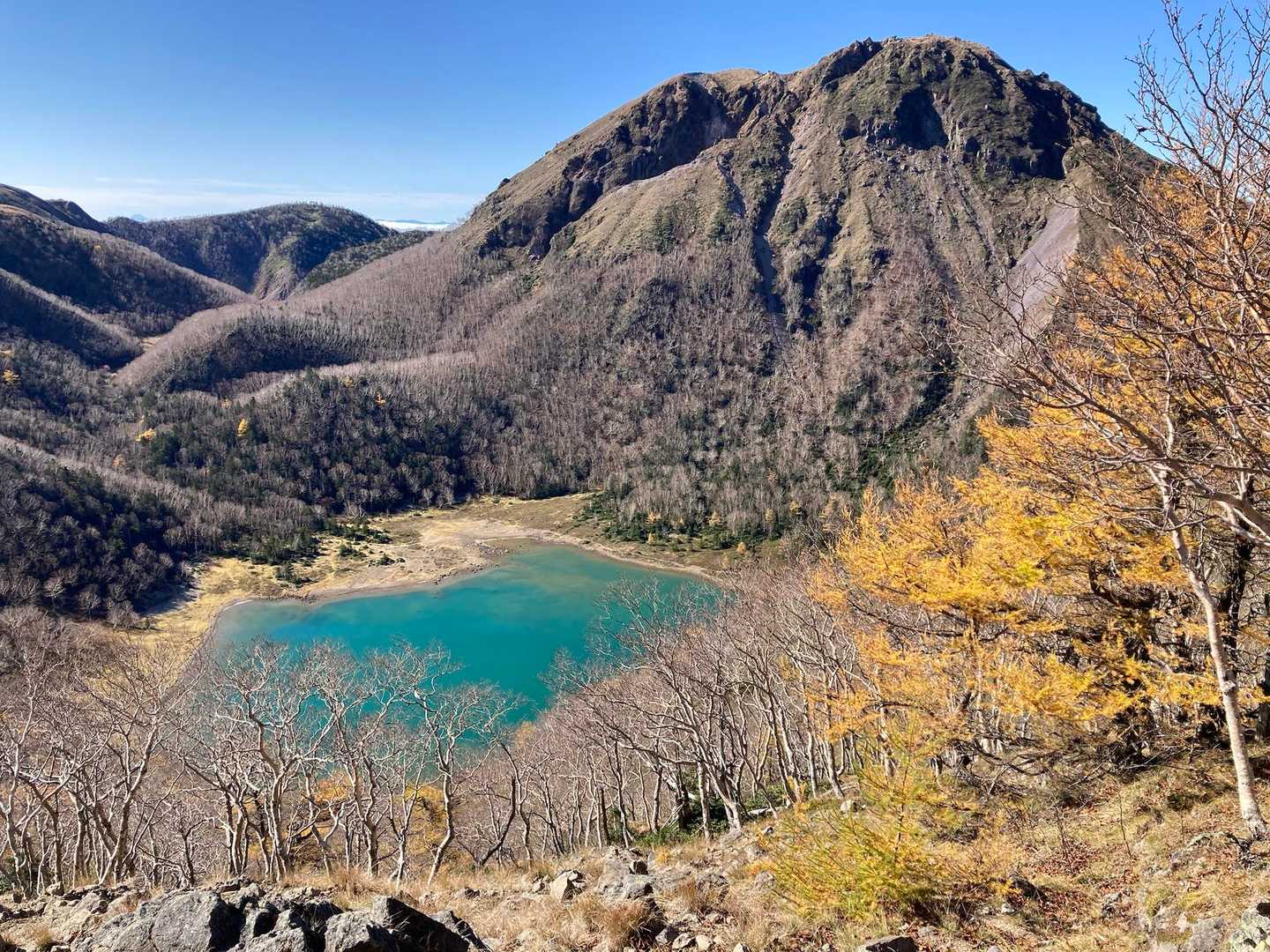 五色山山頂より日光白根山を望む。手前に五色沼。カラマツの黄葉は見頃。