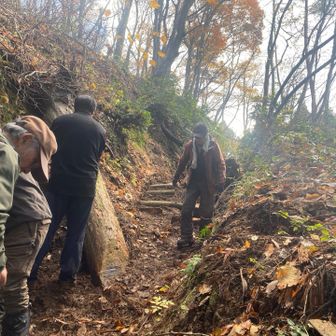 大きな丸太と格闘しながら